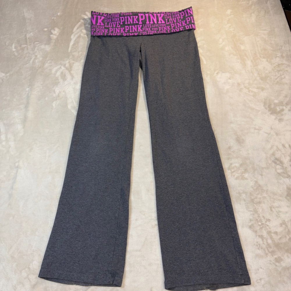 Y2K Pink Victoria's Secret Yoga Pants Gray Pink Logo Foldover Waist Flare Leg L